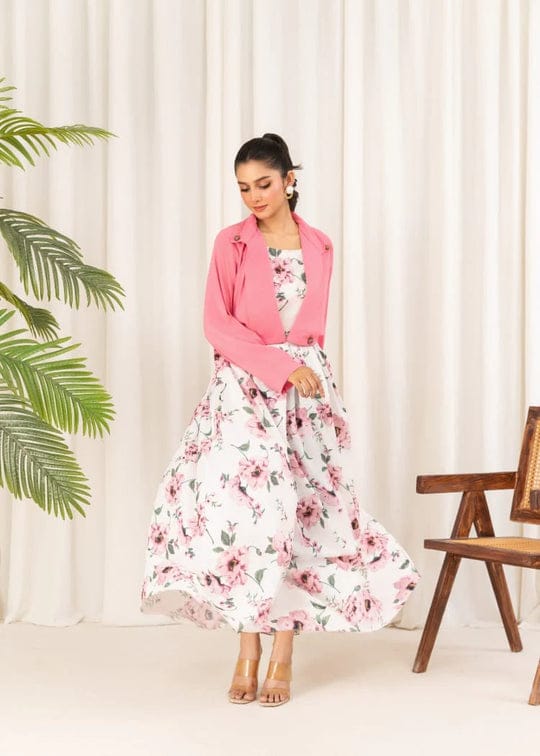 2 Pcs Stylish Floral Print Maxi Dress With Pink Jacket โ Womenโs Western Wear โ Floral Maxi