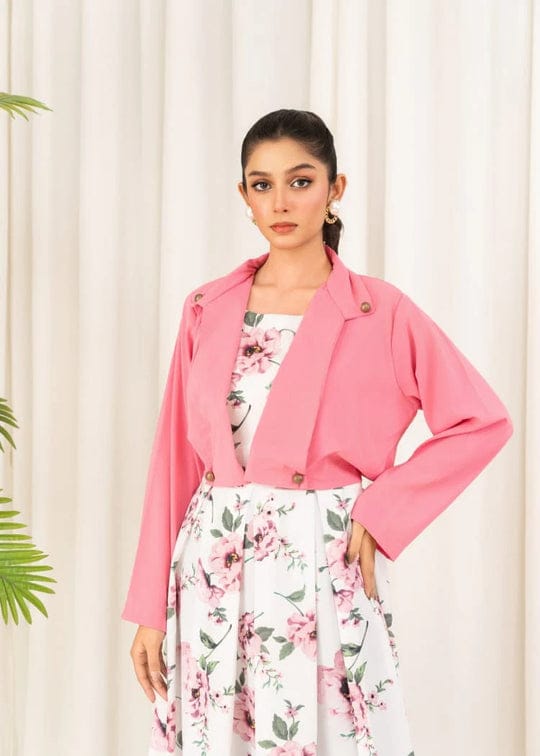 2 Pcs Stylish Floral Print Maxi Dress With Pink Jacket โ Womenโs Western Wear โ Floral Maxi
