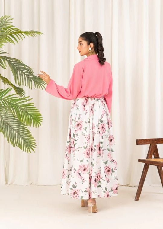 2 Pcs Stylish Floral Print Maxi Dress With Pink Jacket โ Womenโs Western Wear โ Floral Maxi