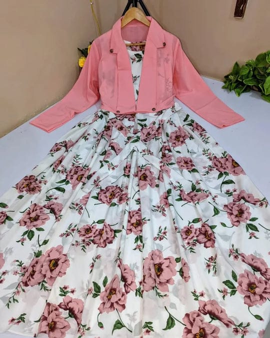2 Pcs Stylish Floral Print Maxi Dress With Pink Jacket โ Womenโs Western Wear โ Floral Maxi