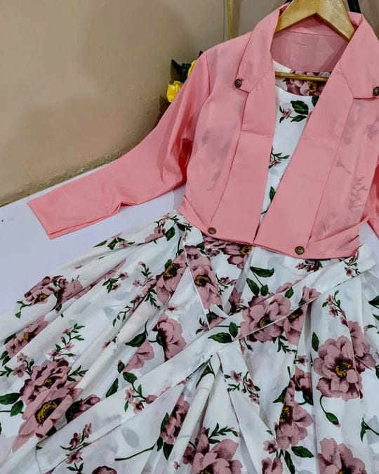 2 Pcs Stylish Floral Print Maxi Dress With Pink Jacket โ Womenโs Western Wear โ Floral Maxi