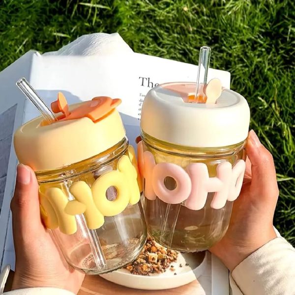 Cute Glass Straw Cup For Girls β 350ml Portable Insulated Water Cup With Straw, Lid & Chain Handle | Summer Travel Drinkware