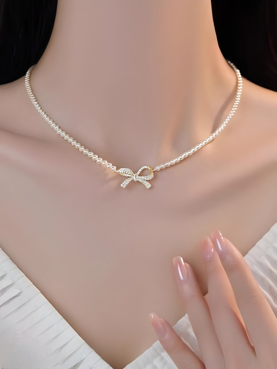 Pqt-992 ā Bow Shape Pearl Pendant Necklace For Women ā Dainty Jewelry With Sparkling Bow Design | Available In Silver & Golden Finish | Perfect Gift For Weddings, Parties & Everyday Glamour