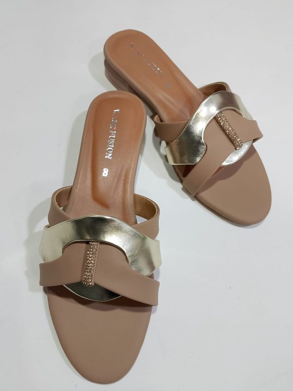 Women’s Tan & Gold Embellished Flat Sandals – Stylish Slip-on Slides With Luxury Comfort & Chic Gold Accent Shine With Every Step — Comfort Class In One Perfect Pair | Slipper | Slipper For Women (with Box)