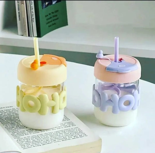 Cute Glass Straw Cup For Girls – 350ml Portable Insulated Water Cup With Straw, Lid & Chain Handle | Summer Travel Drinkware