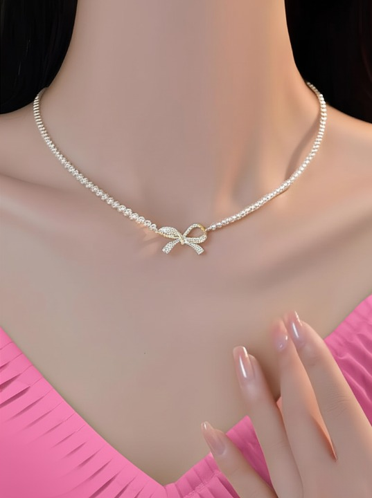 Pqt-992 – Bow Shape Pearl Pendant Necklace For Women – Dainty Jewelry With Sparkling Bow Design | Available In Silver & Golden Finish | Perfect Gift For Weddings, Parties & Everyday Glamour