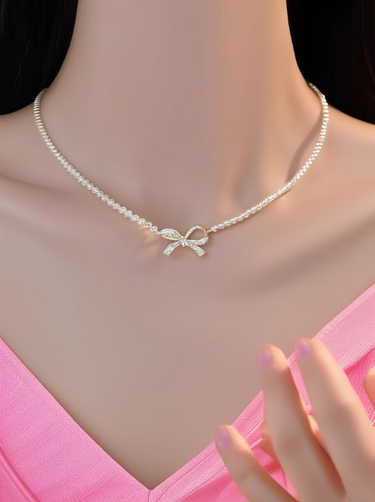 Pqt-992 – Bow Shape Pearl Pendant Necklace For Women – Dainty Jewelry With Sparkling Bow Design | Available In Silver & Golden Finish | Perfect Gift For Weddings, Parties & Everyday Glamour