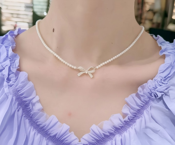 Pqt-992 – Bow Shape Pearl Pendant Necklace For Women – Dainty Jewelry With Sparkling Bow Design | Available In Silver & Golden Finish | Perfect Gift For Weddings, Parties & Everyday Glamour