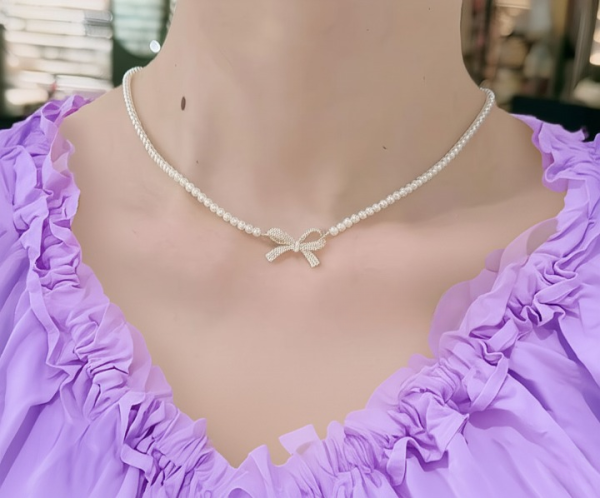 Pqt-992 – Bow Shape Pearl Pendant Necklace For Women – Dainty Jewelry With Sparkling Bow Design | Available In Silver & Golden Finish | Perfect Gift For Weddings, Parties & Everyday Glamour